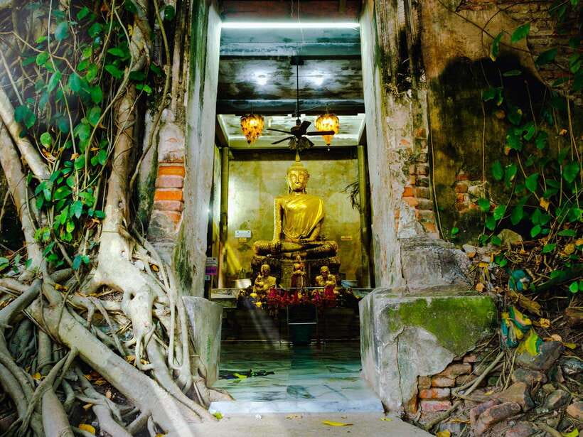 Bangkok: Maeklong Railway & Amphawa Floating Market Day Trip - Wat Bang Kung and the banyan-wrapped shrine