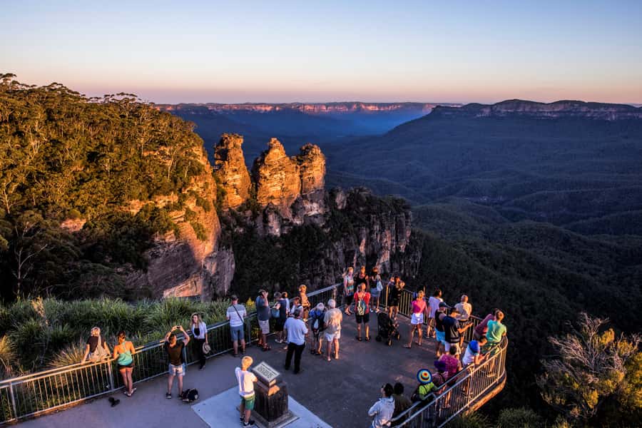 Sydney: Waterfall Bushwalk and Blue Mountain Sunset Day Trip - Echo Point and the Three Sisters at golden hour